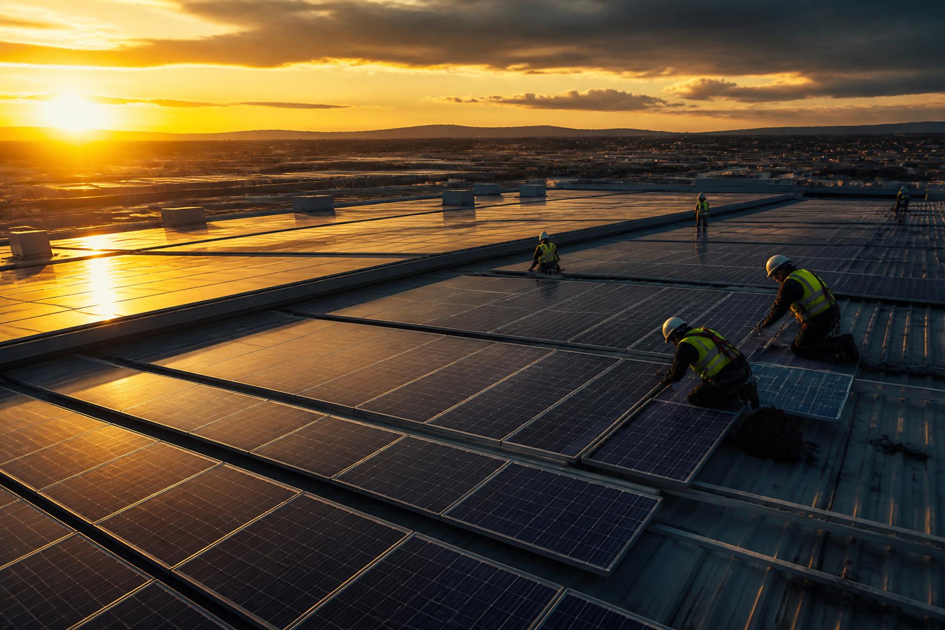 Instalação de painéis solares em telhado industrial ao amanhecer