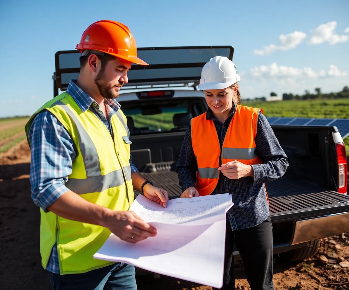 Equipe técnica da MT Engenharia analisando projeto elétrico em campo